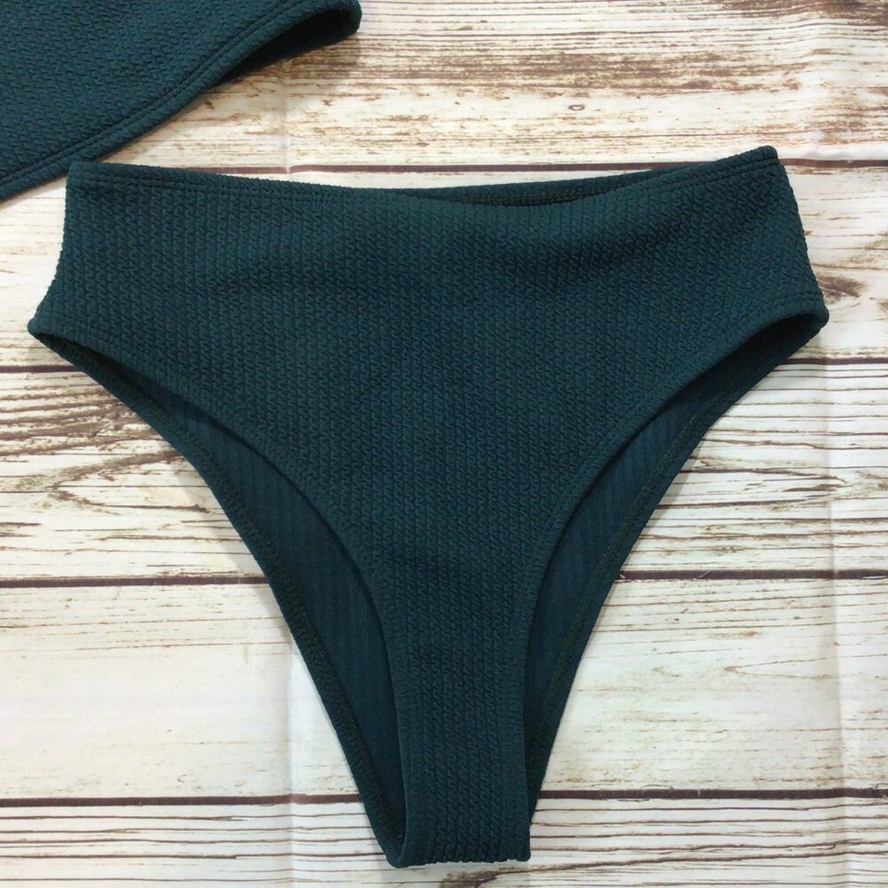 3/$10💕 Hunter Green Textured High Waist Cheeky Racer Back Top 2 Piece Swim Suit - Picture 2 of 6